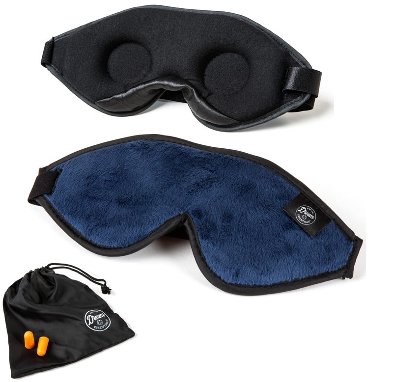 Dream Essentials, Escape 3D Sleep Mask, Earplugs, Carry Pouch Set, Molded Eye Shade, Men and Women, Contoured, Nose Bridge, Light Block, Memory Foam, Gift Set, Travel, Yoga, Blindfold, Navy Blue - Image 1